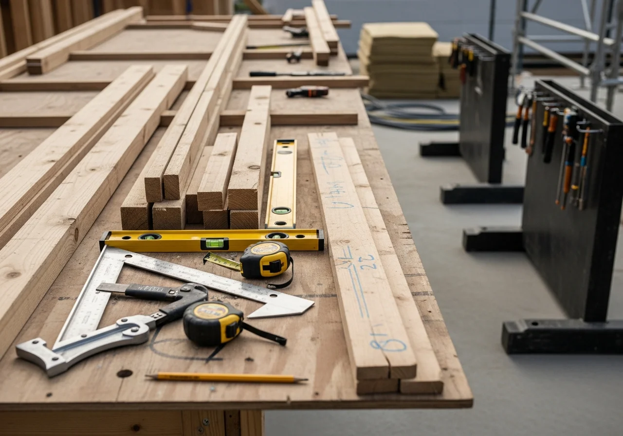 General contractor tools and framing materials on a residential job site, showing the craftsmanship and attention to detail that goes into every project.