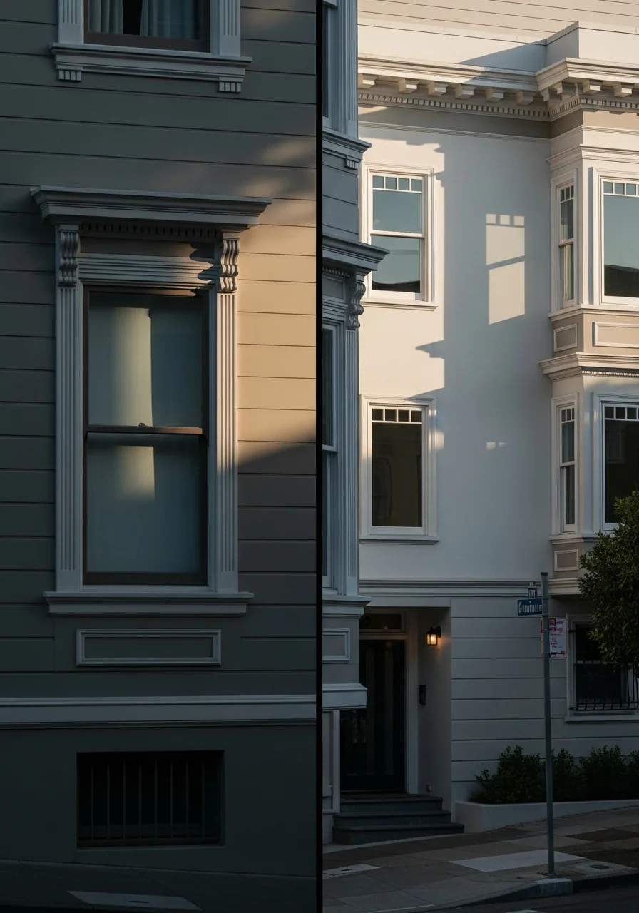Close-up of a well-maintained San Francisco home facade with period-appropriate details and clear signage.