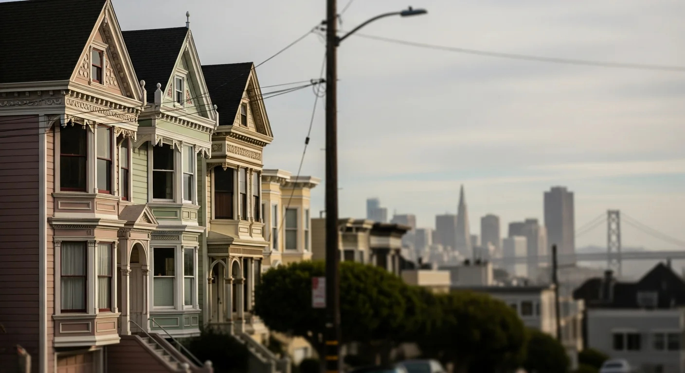 Colorful Victorian homes on a San Francisco street with the city skyline visible in the background.