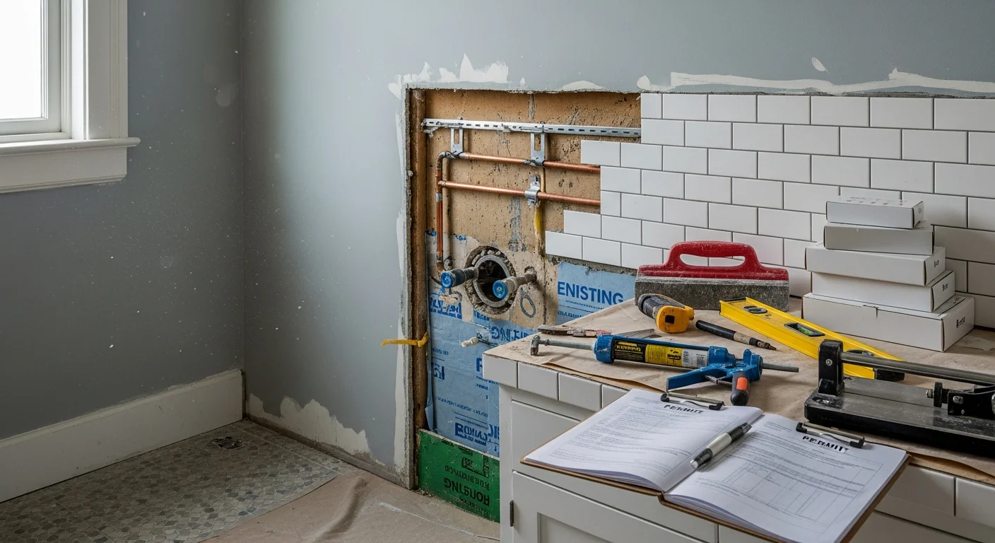 A remodeled bathroom in a San Francisco residential home showing updated tile work, a new vanity, and a walk-in shower with clean grout lines. The compact layout reflects a typical SF flat with modern finishes and proper ventilation.