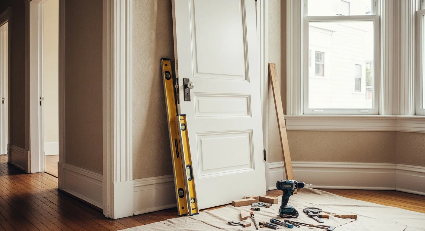 A newly installed solid wood exterior entry door on a San Francisco residential property, with clean trim work and properly fitted hardware. The door frame is flush and level against the building's painted facade.