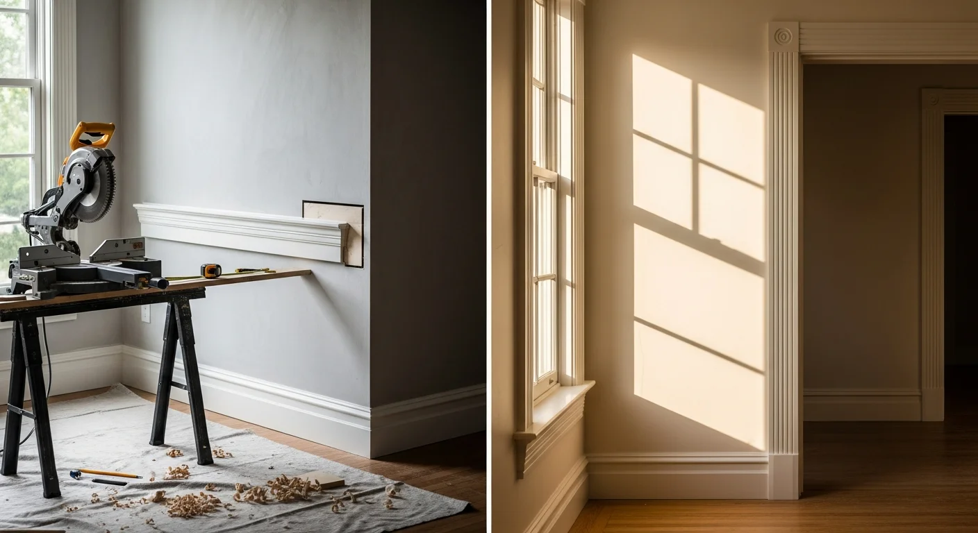 Interior room in a San Francisco home showing freshly installed crown molding, baseboards, and door casings with clean corner joints and a painted finish. HMM GC Inc. finish carpentry work visible along walls and ceiling transition.