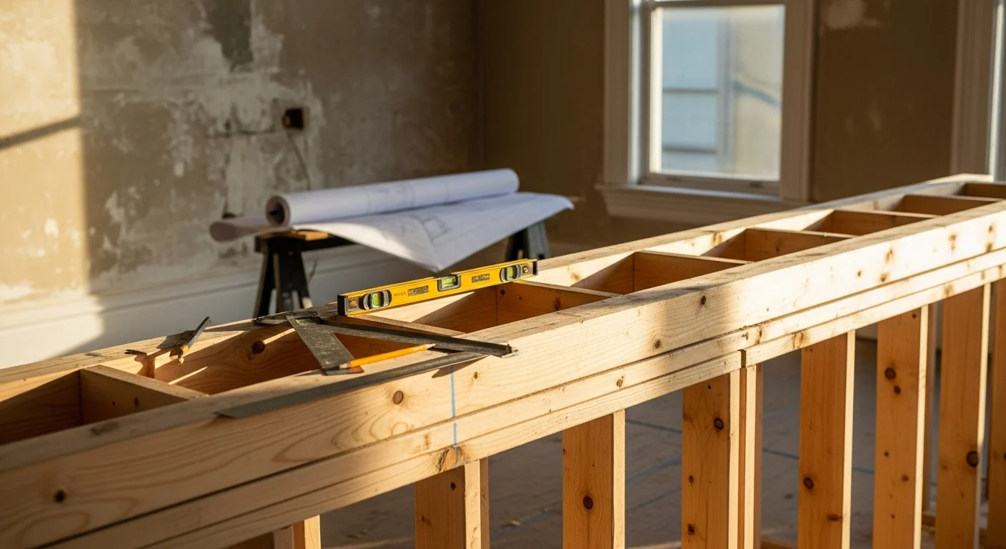 A wood-frame wall structure under construction inside a San Francisco residential building, showing vertical studs, horizontal blocking, and corner framing before drywall installation.