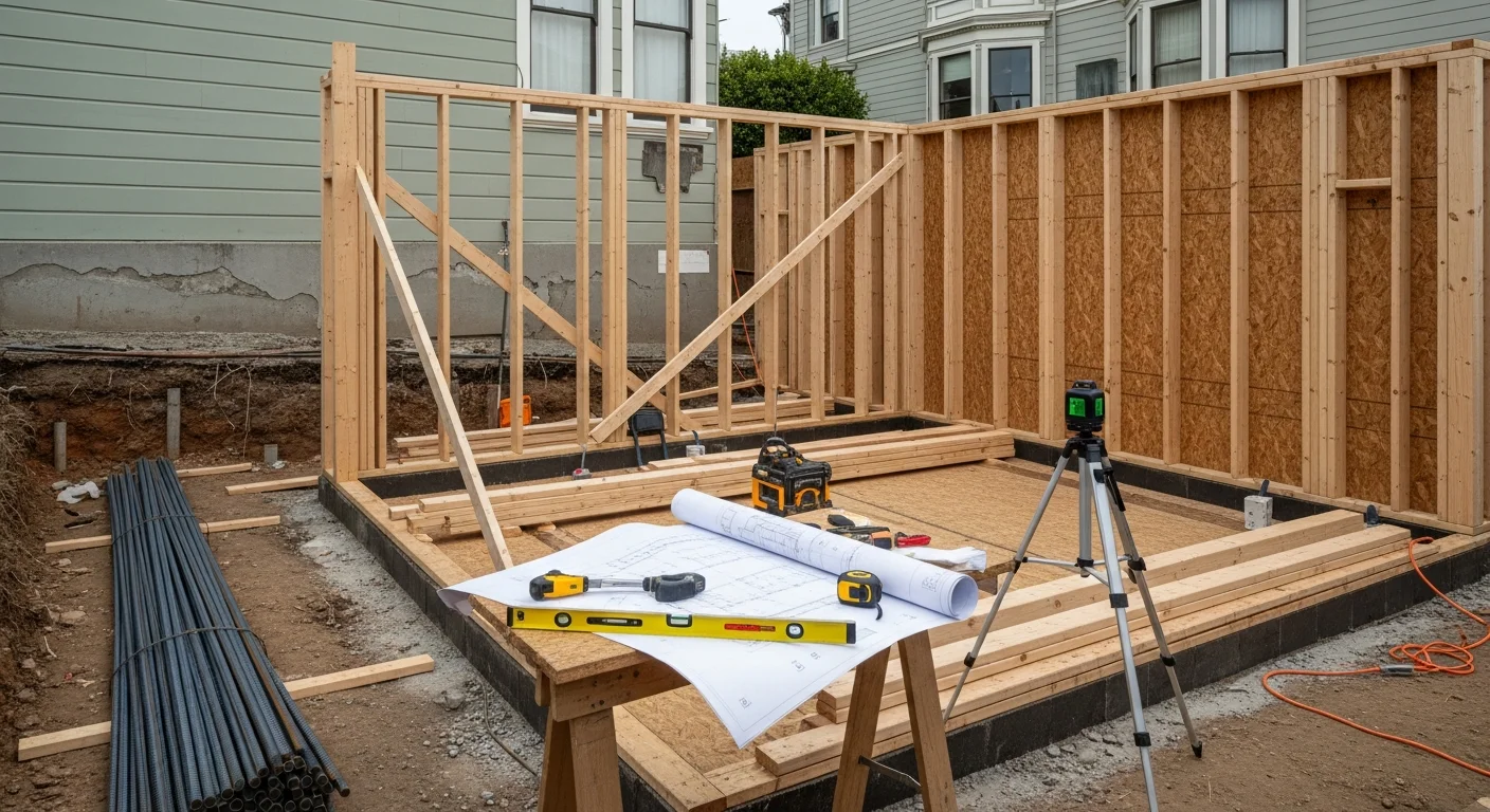 A completed rear home addition on a San Francisco residential property, showing new framing and exterior siding matched to the existing Victorian-era structure. The addition extends the home's footprint toward the rear of a narrow city lot.