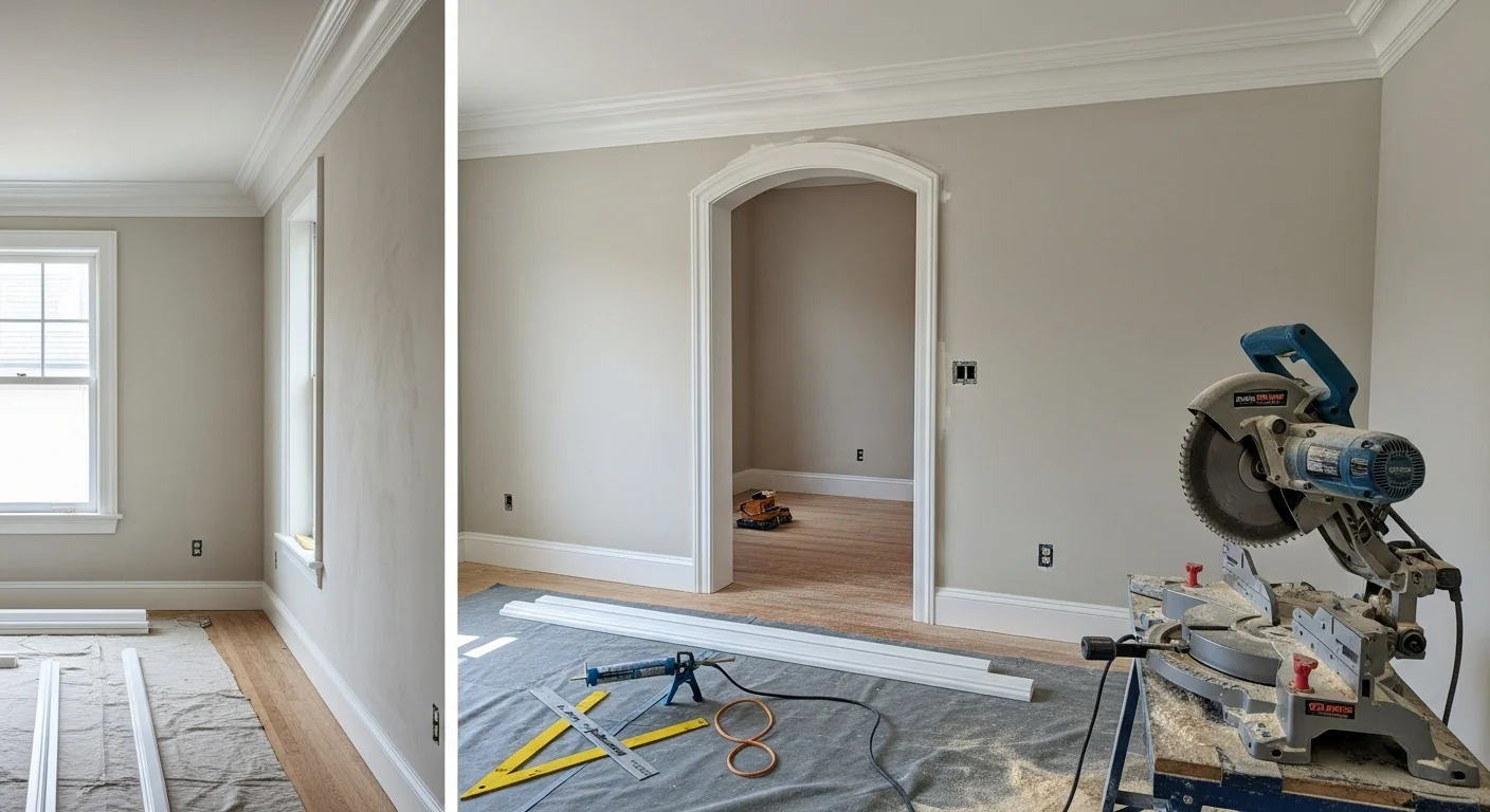 A finished interior room in a San Francisco home showing freshly installed white crown molding, baseboards, and door casing with clean mitered corners. The trim runs consistently along the ceiling line, floor edge, and door frame in a renovated residential space.
