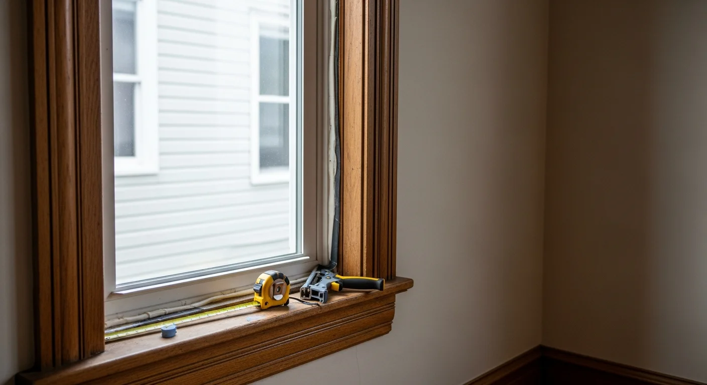 A carpenter installing a new window unit into a wood-framed opening on the facade of a San Francisco residential building. The surrounding trim is removed to expose the rough framing during a full-frame window installation.